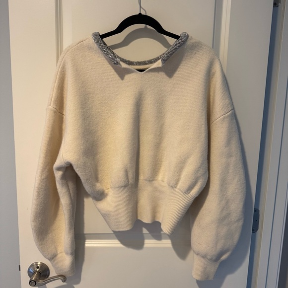 ALEXANDER WANG Crystal Tubular Necklace Cream Long Sleeved Sweater - Picture 7 of 8